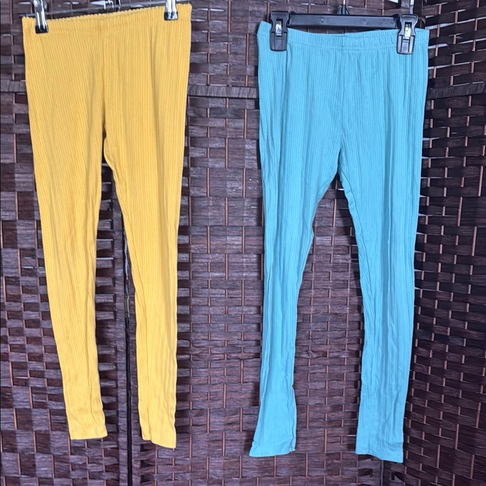 Tea Collection 10 12 Gold Yellow and aqua Blue pointelle cotton Leggings EUC